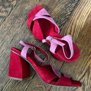 Jeffrey Campbell Antique Pink and Red Block Heel Sandals, Size 7